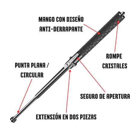 Un bastón retráctil eh con mango anti de rapante en color negro con rompe cristales en la parte inferior del mango de apertura automática con seguro y sus características siendo señaladas por flechas en color rojo señalando la punta plana la extensión en 2 piezas el mango con diseño anti de rapante el seguro de apertura y el rompe cristale