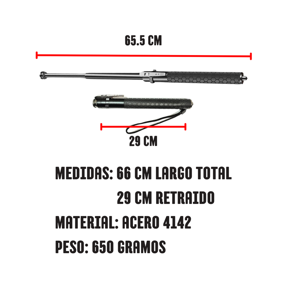 2 bastones retráctiles automáticos uno abierto y otro cerrado ambos con rompe cristales en la parte inferior con líneas rojas para señalar la longitud del bastón siendo ésta de 65.5 cm extendido y 29 cm retraído el material es acero 4142 y pesa 650 g