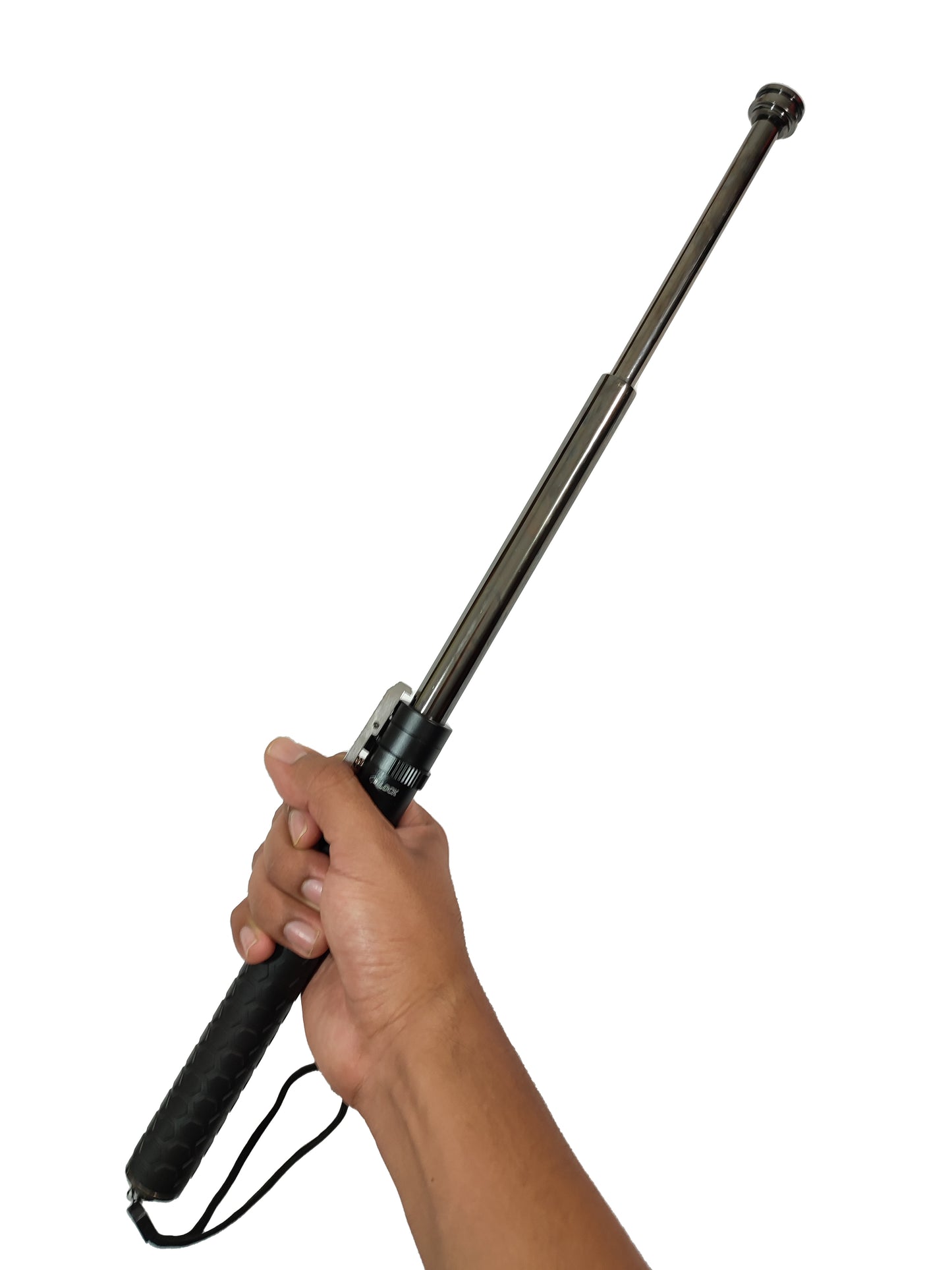 Un bastón retráctil automático de 66 cm siendo sostenido por una mano en el mango antiterrapante