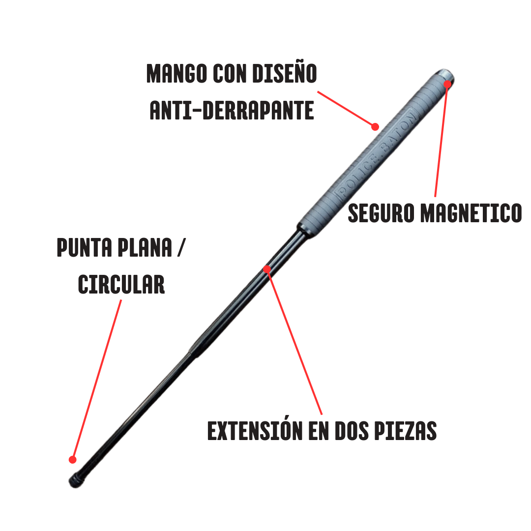 Un bastón retráctil automático en color negro en el mango incluye la leyenda police batón Y tiene sus características señaladas por flechas en color rojo indicando su punta plana que está en una extensión en dos piezas que el mango cuenta con un diseño antiderrapante y el seguro magnético que se encuentra en la paz te posterior del mango cuando se cierra
