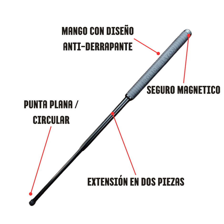 Un bastón retráctil automático en color negro en el mango incluye la leyenda police batón Y tiene sus características señaladas por flechas en color rojo indicando su punta plana que está en una extensión en dos piezas que el mango cuenta con un diseño antiderrapante y el seguro magnético que se encuentra en la paz te posterior del mango cuando se cierra