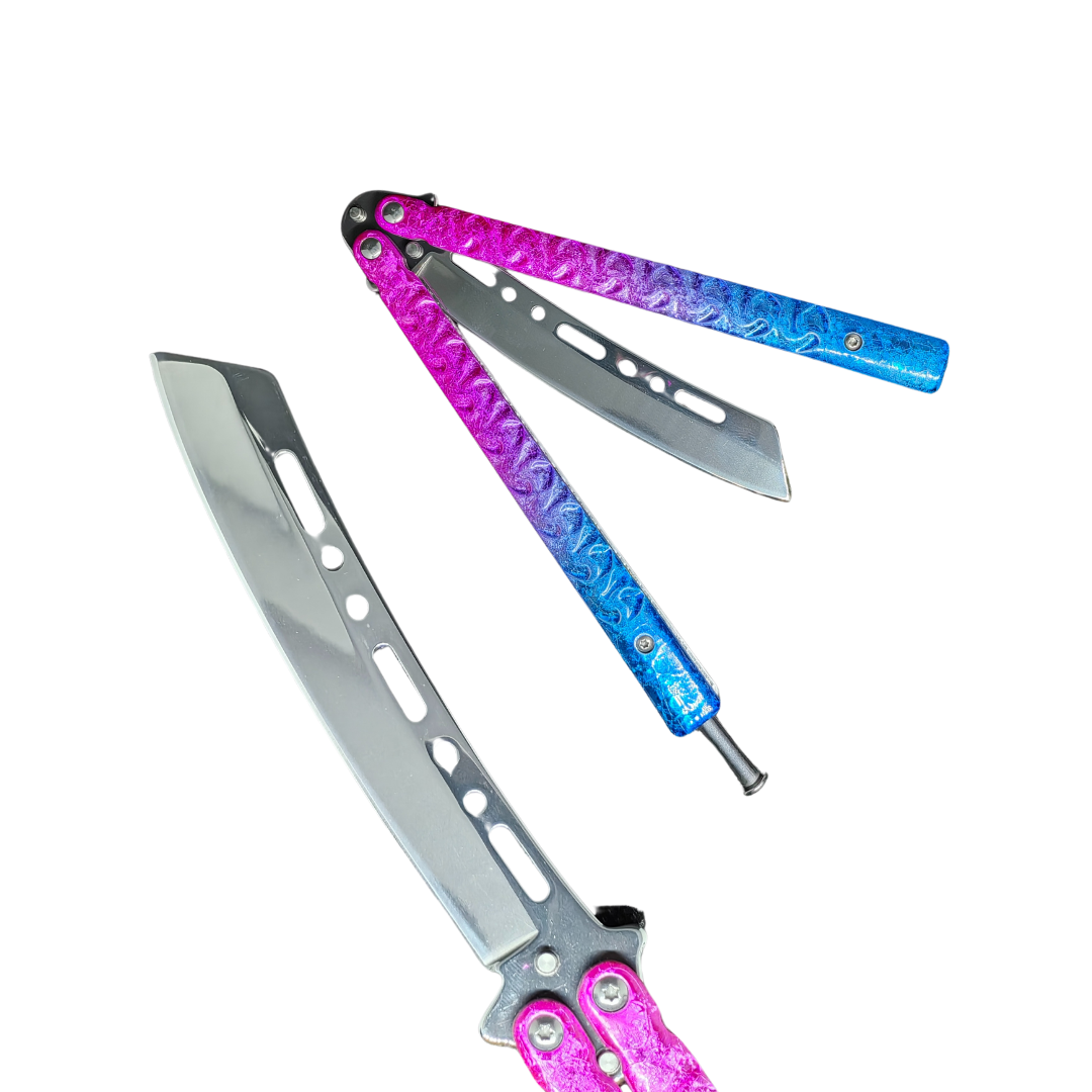 Dos_navajas_mariposa_barber_Valison_abiertas_mi_color_azul_y_Rosa_hoja_plateada_hoja_cleaber