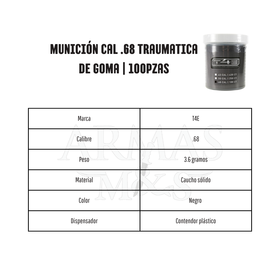 Munición Traumática de Goma Cal .68 | 100pzas