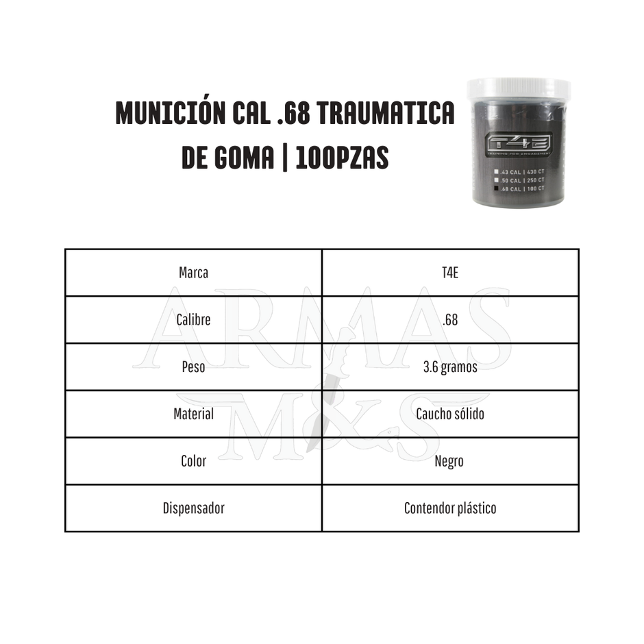 Munición Traumática de Goma Cal .68 | 100pzas