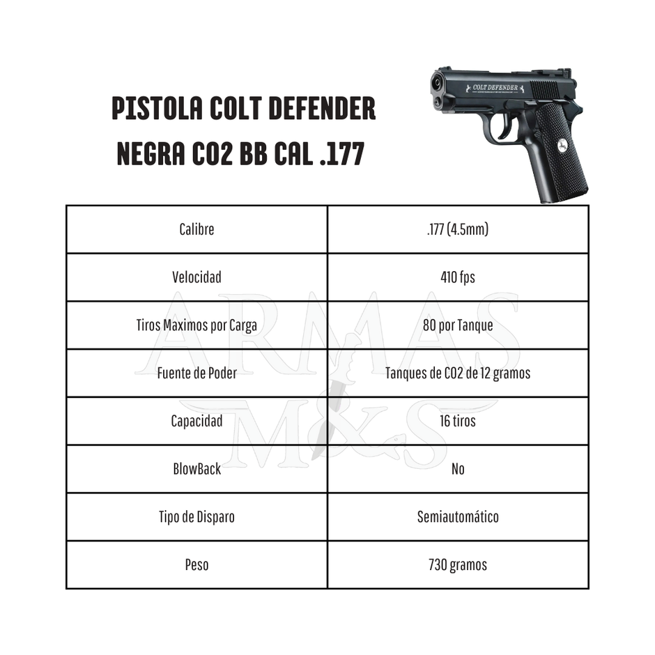 Pistola COLT DEFENDER Negra CO2 BB Cal. .177 4.5mm 410fps