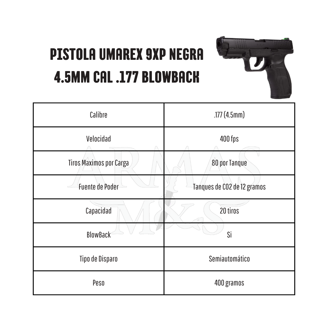 Pistola UMAREX 9XP Negra 4.5mm Cal .177 Blowback