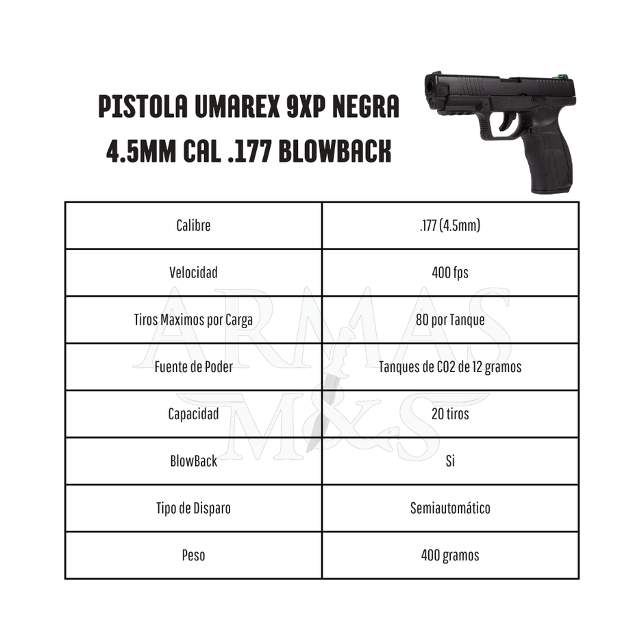 Pistola UMAREX 9XP Negra 4.5mm Cal .177 Blowback