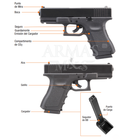 Pistola GLOCK 19 GEN3 Negra CO2 BBs Cal. .177 4.5mm 410 fps