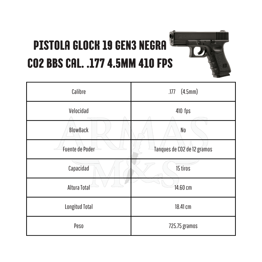Pistola GLOCK 19 GEN3 Negra CO2 BBs Cal. .177 4.5mm 410 fps