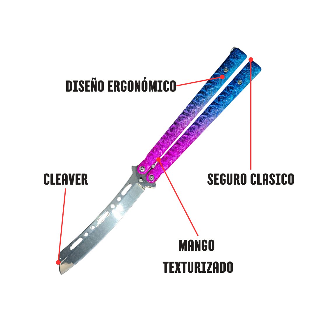 Una_navaja_mariposa_con_hoja_plateada_tipo_hacha_con_mango_bicolor_Rosa_y_azul_sus_caracteristicas_senaladas_por_flechas_rojas_y_texto_negra