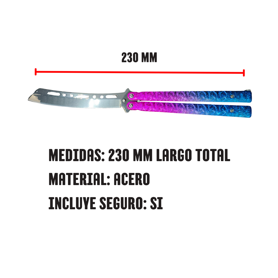 Una_navaja_mariposa_plateada_en_la_hoja_mango_azul_y_Rosa_bicolor_mide_23_cm_estrecha_de_acero_e_incluye_seguro